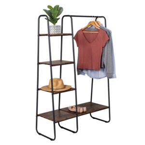 Freestanding Metal Garment Rack with Wood Shelves - Black and Natural